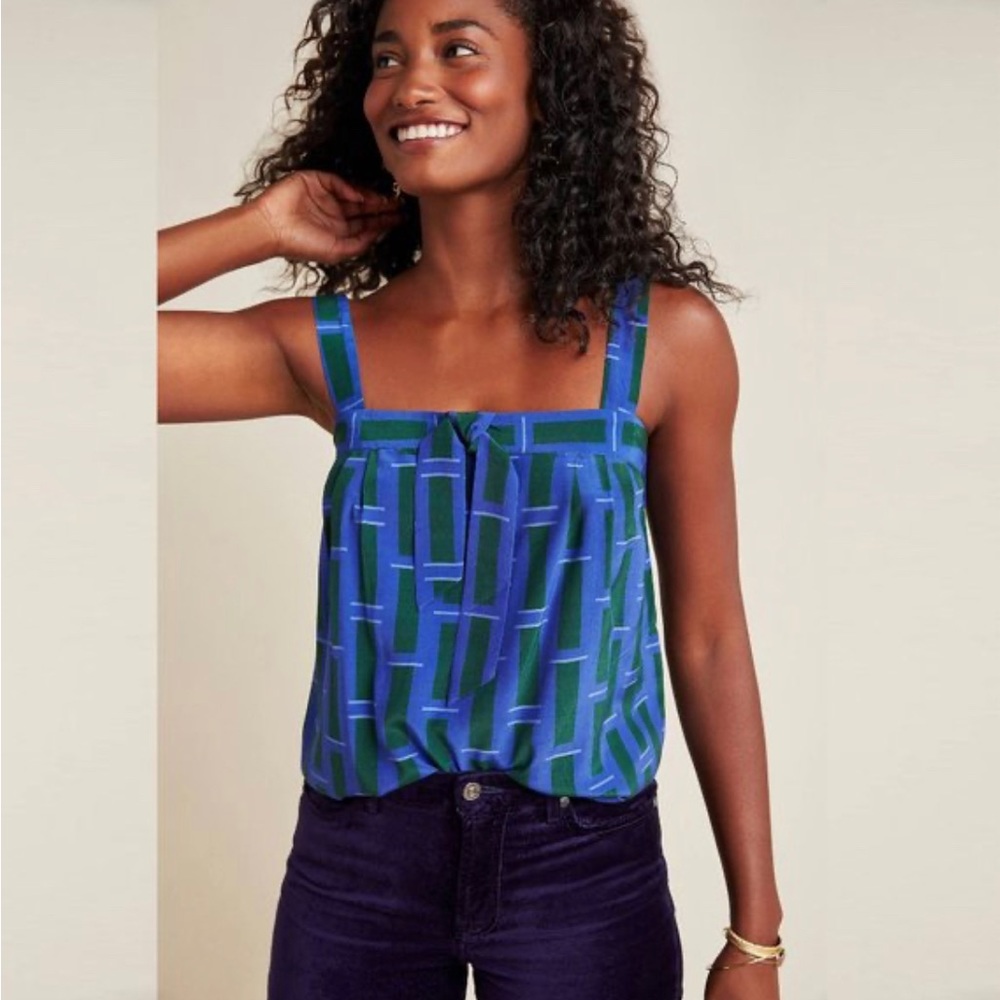 Anthropologie Corey Lynn Carter Flowy Sleeveless Blue Geometric Print Tank Top